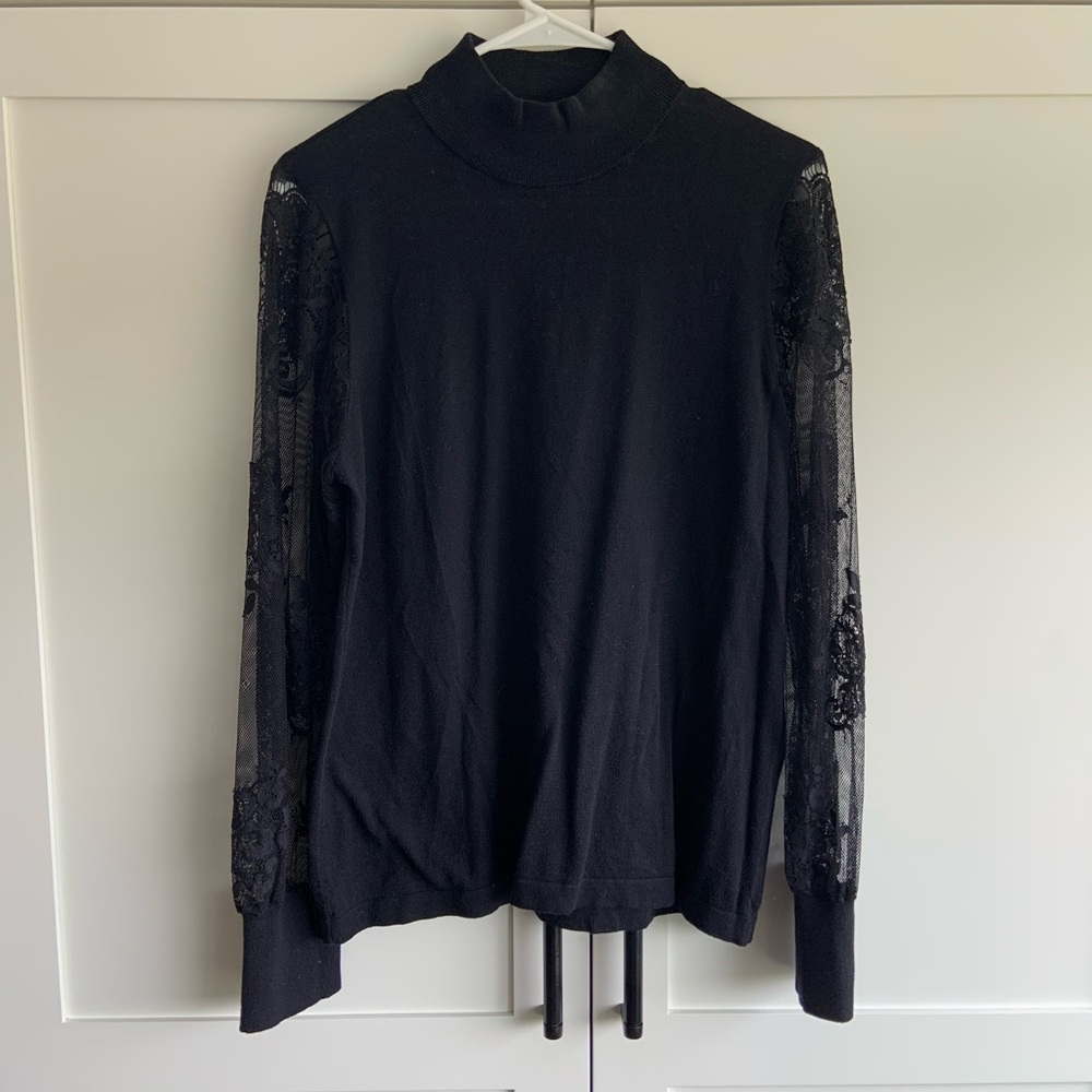 Black Lace Sleeve Thin Turtleneck Sweater